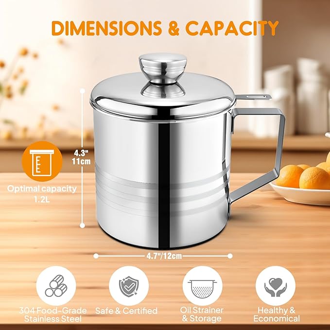 Chihee Grease Container Stainless Steel Bacon Grease Saver with Fine Mesh Strainer 1.2L / 40 fl oz Oil Container Grease Can with Dust-proof Lid Non-slip Tray for Kitchen Storing Frying Cooking Grease