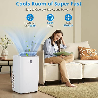 Portable Air Conditioners, 12000 BTU Portable AC for Rooms Up to 550 Sq.Ft. 3-In-1 AC with Fast Cooling, Dehumidifier & Three Speed Fan, 24H Timer/Remote Control/Quiet, White LED Control Panel