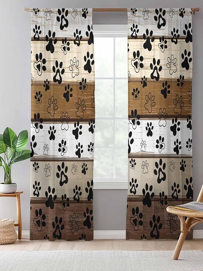 Sheer Curtains 96 Inches Long, Brown Beige Farmhouse Semi Sheer Curtains Light Filtering Window Treatment, Black Dog Paw Vintage Wooden Privacy Voile Drapes for Living Room Bedroom 52x96 Inch