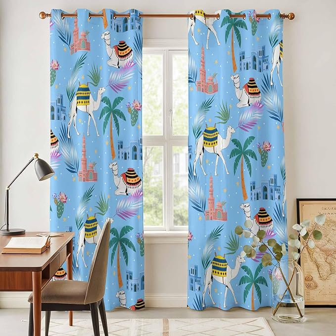 2 Panel Kitchen Cafe Curtains, Desert Landscape Sunlight Filtering Nature Air Through, Home Decor Window Covering Tier Curtains for Living Room 80W x 84L inch Cute Camels Palm Trees Houses Leaves Blue