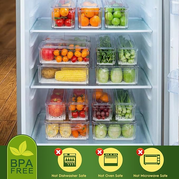 6 Pack Fridge Organizer, Stackable Refrigerator Organizer Bins with Lids, BPA-Free Fridge Organizers and Storage Containers for Fruit, Vegetable, Food, Drinks, Cereals, Clear