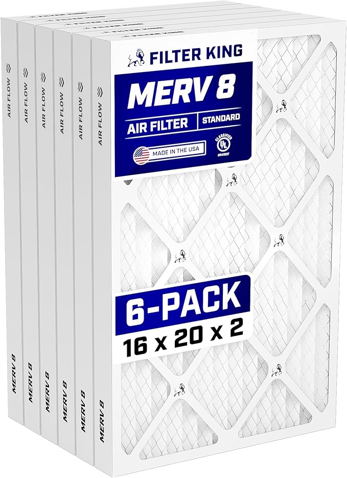 Filter King 16x20x2 Air Filter | 6-PACK | MERV 8 HVAC Pleated A/C Furnace Filters | MADE IN USA | Actual Size: 15.5 x 19.5 x 1.75"