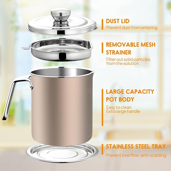 Chihee Grease Container Stainless Steel Bacon Grease Saver with Fine Mesh Strainer 2L / 67.6 fl oz Oil Container Grease Can with Dust-proof Lid Non-slip Tray for Kitchen Storing Frying Cooking Grease