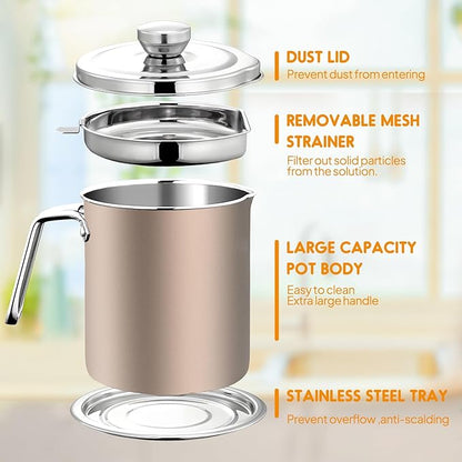 Chihee Grease Container Stainless Steel Bacon Grease Saver with Fine Mesh Strainer 2L / 67.6 fl oz Oil Container Grease Can with Dust-proof Lid Non-slip Tray for Kitchen Storing Frying Cooking Grease
