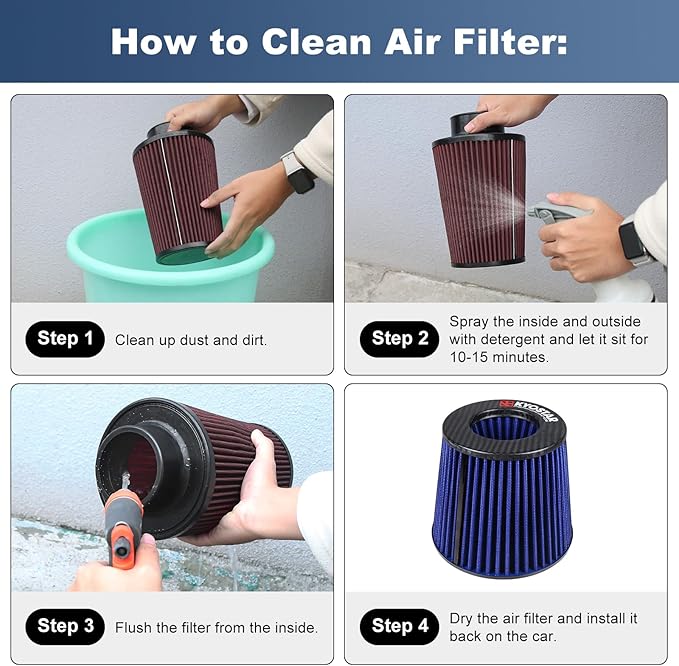 KYOSTAR Carbon Fiber 3" (76mm) High-Flow Air Filter, Reusable Cone Cold Air Intake, High Performance, Washable, Clamp-On High Flow Air Kit, Flange Diameter: 3 Inch, Filter Height: 6.7 Inch, Blue
