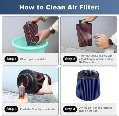 KYOSTAR Carbon Fiber 3" (76mm) High-Flow Air Filter, Reusable Cone Cold Air Intake, High Performance, Washable, Clamp-On High Flow Air Kit, Flange Diameter: 3 Inch, Filter Height: 6.7 Inch, Blue