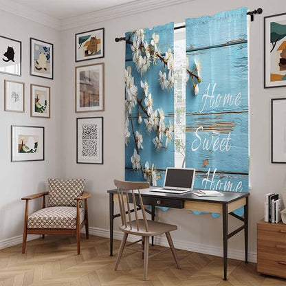 Farmhouse Wooden Grain Kitchen Curtains, Vintage Shabby Chic Flower Blue Light Filtering Window Curtain Panels, 2Pcs Rod Pocket Window Treatments Set for Living Room Bathroom Bedroom 52x72 Inches