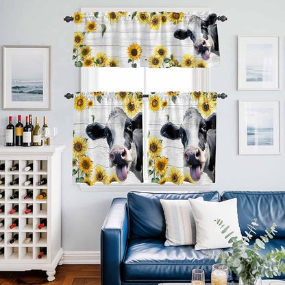 Kitchen Curtains Tiers and Valance Set of 3, Cow Sunflowers Light Filtering Window Curtain Set, Farmhouse Animals Plants Wooden Grain Rod Pocket Curtain Drapes for Cafe, Living Room, 24 Inches Tiers