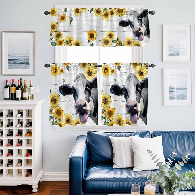 Kitchen Curtains Tiers and Valance Set of 3, Cow Sunflowers Light Filtering Window Curtain Set, Farmhouse Animals Plants Wooden Grain Rod Pocket Curtain Drapes for Cafe, Living Room, 36 Inches Tiers