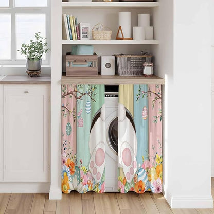 Easter Kitchen Curtains 54 Inch Long 2 Panel Set, Rod Pocket Window Curtains Panels, Spring Colorful Bunny Eggs Flower Wood Grain Light Filtering Privacy Draperies for Bedroom Laundry 42"W x 54"L