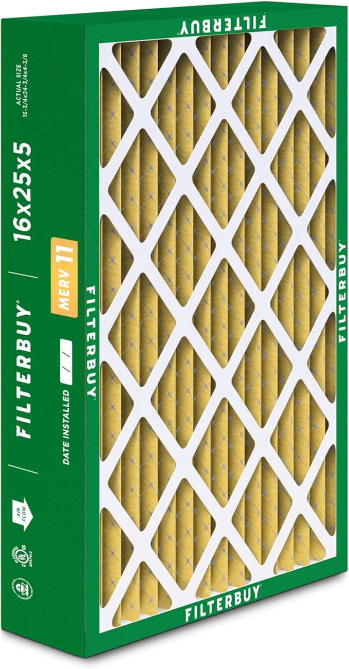 Filterbuy 16x25x5 Air Filter MERV 11 Superior Pet & Allergy Defense (2-Pack), Pleated HVAC AC Furnace Filters for Honeywell FC100A1029, Lennox X6670, and More (Actual Size: 15.75 x 24.75 x 4.38)