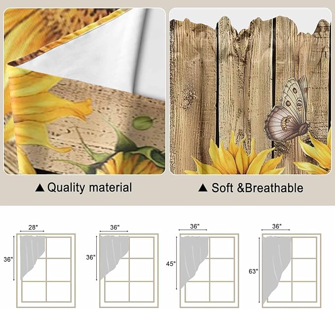Farmhouse Sunflowers Swag Valances for Windows, Rustic Floral Buttterfly Wood Board Brown Rod Pocket Kitchen Curtains Valance, Kitchen Window Curtains Swag for Cafe Living Room, 2 Panels, 36x45 inch