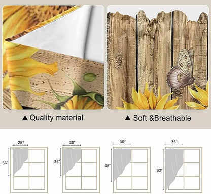 Farmhouse Sunflowers Swag Valances for Windows, Rustic Floral Buttterfly Wood Board Brown Rod Pocket Kitchen Curtains Valance, Kitchen Window Curtains Swag for Cafe Living Room, 2 Panels, 36x45 inch