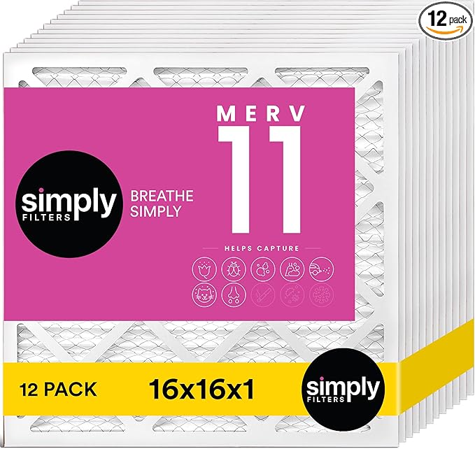Simply 16x16x1 Air Filter, Merv 11, 12 Pack, For Home AC Furnace & HVAC (Actual Size: 15.75"x15.75"x0.75") DUST, Pet, & Allergy Control