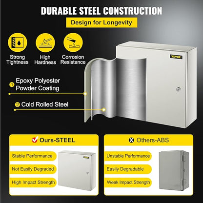 VEVOR NEMA Steel Enclosure, 20 x 20 x 6'' NEMA 4X Steel Electrical Box, IP66 Waterproof & Dustproof, Outdoor/Indoor Electrical Junction Box, with Mounting Plate