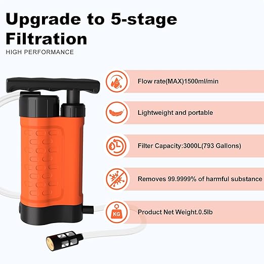 Portable Water Filter Pump, 0.01 Micron Manual Survival Water Purifier for Camping Hiking Backpacking Emergency, Fast Flow Removes Harmful Substances & Sediment (K8188-Orange)