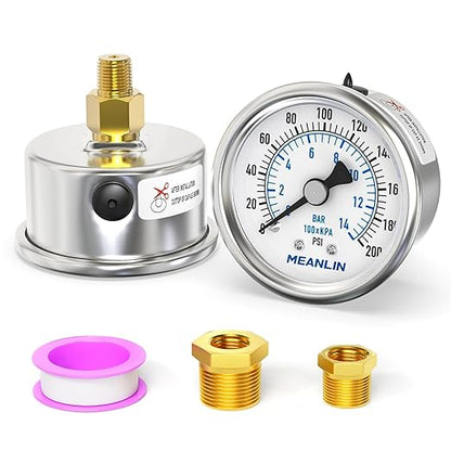 MEANLIN MEASURE 0~200Psi Dry Pressure Gauge Stainless Steel 1/8" NPT 2" FACE DIAL Waterproof for Air Compressor Air Regulator Water Filter Center Back Mount, with 1/4" NPT and 3/8" NPT Hex Bushing