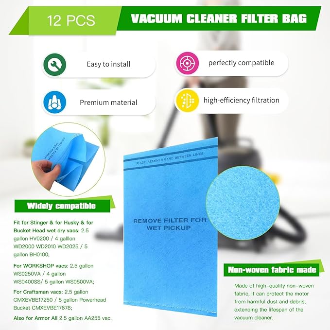 12 Pack Wet Dry Filter Bags Compatible for WORKSHOP WS01025F2, for Craftsman 9-38737, for MultiFit VF2000, Select 2-1/2 to 5-Gallon for Shop Vac Vacuum Stinger Craftsman Husky