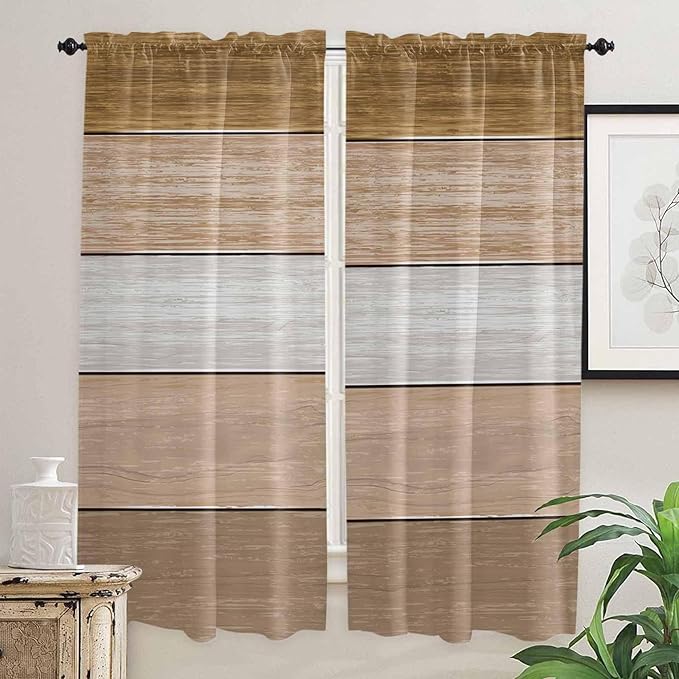 Retro Farm Wood Board Window Valance Curtains, Brown Graduality Striped Light Filtering Kitchen Valance with 3-inch Rod Pocket for Living Room Bathroom Bedroom,2 Panel,52x72In