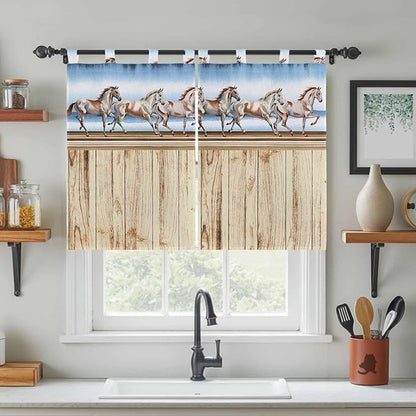 Western Horse Kitchen Curtains 45 Inch Length, Short Cafe Window Curtains Tab Top, Farmhouse Wooden Grain Vintage Cowboy Barn Door Light Filtering Window Treatments Tier Drapes 27.5"x45" 2 Panel