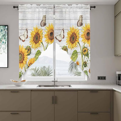 Yellow Sunflowers Swag Valances for Windows, Vintage Country Flowers Butterfly Wood Board Rod Pocket Kitchen Curtains Valance, Small Window Curtains Swag for Cafe Living Room, 2 Panels, 36x36 inch