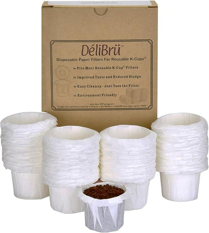 Delibru K Cup Disposable Paper Filters 300 Pack Fits With All Reusable Coffee Pods - Compostable and Disposable Coffee Filters for Keurig Single Cup