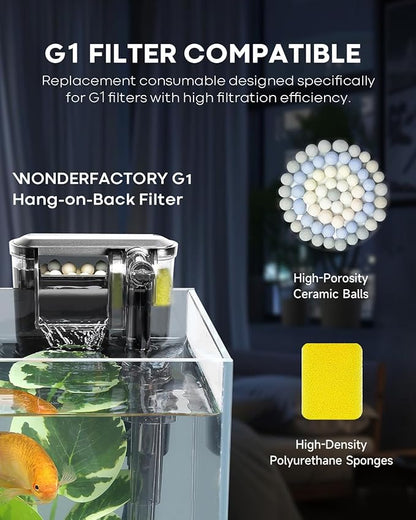 Wonderfactory 2 Pack G1 Filter Media Replacement, Sponge Ceramic Rings Bio Balls Media Biological Material Filtration 1 to 5 Gallon Fish Tank Small Aquarium
