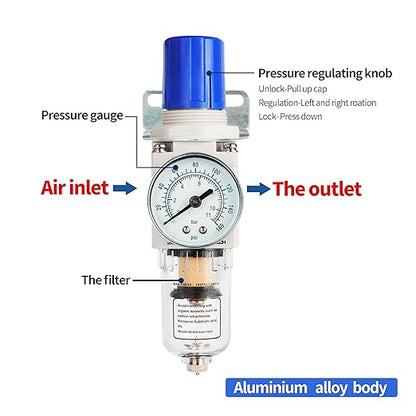 BLCH 1/4" NPT Air Compressor Regulator - Air Pressure Regulator, Air Dryer AW2000-02 Manual Drain Poly Bowl Gauge 0-160 PSI 5μm Brass
