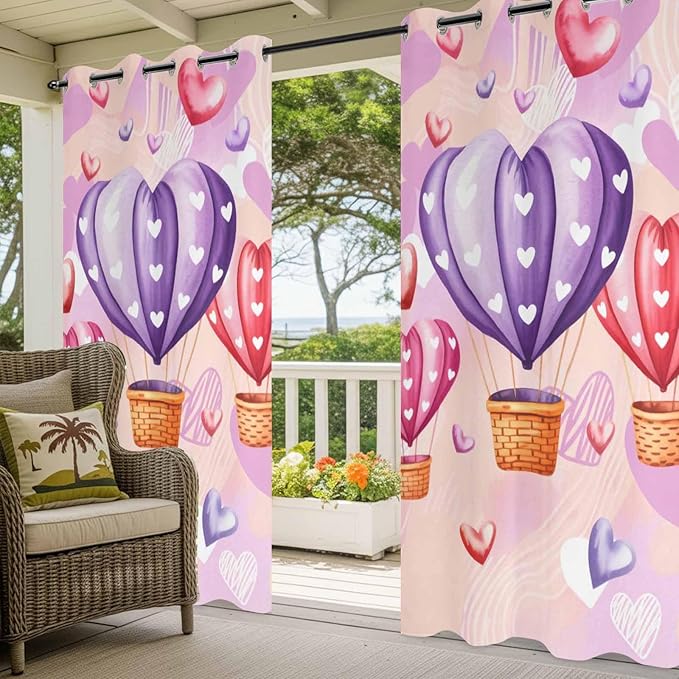 Hot Air Balloons Waterproof Outdoor Curtains for Patio,Windproof Weatherproof Curtains with Weighted Hem,Valentine's Day Watercolor Love Balloons Light Filtering Privacy Drapes 54"x 95" 2 Panels