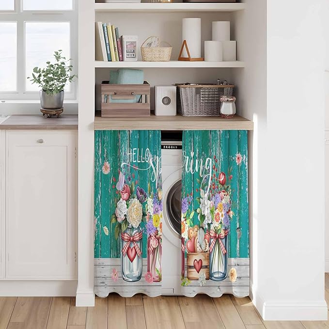 Spring Flowers Kitchen Curtains, Farmhouse Watercolor Teal Wood Grain Light Filtering Window Curtain Panels, 2Pcs Rod Pocket Window Treatments Set for Cabin Bathroom Bedroom 52x45 Inches
