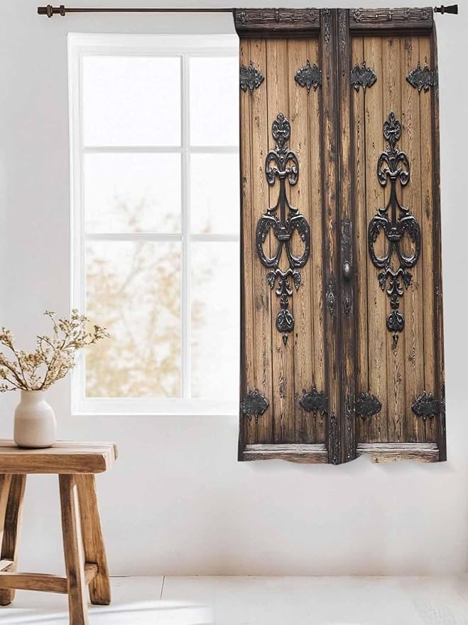 Sheer Curtains 63 Inch Length, Barn Door Semi Sheer Curtains Light Filtering Window Treatment, Farmhouse Wooden Grain Rustic Tribal Pattern Privacy Voile Drapes for Living Room Bedroom 52x63 Inch