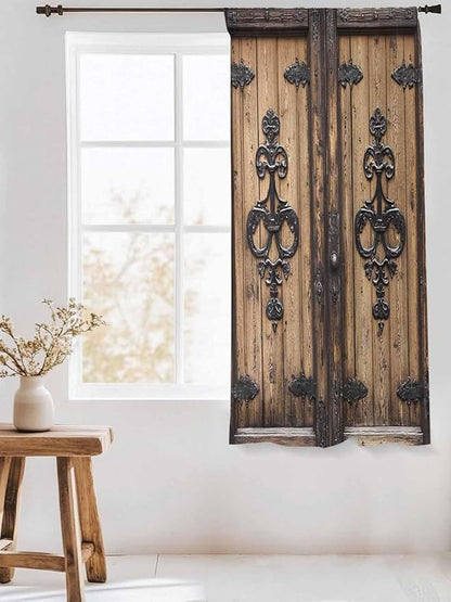 Sheer Curtains 63 Inch Length, Barn Door Semi Sheer Curtains Light Filtering Window Treatment, Farmhouse Wooden Grain Rustic Tribal Pattern Privacy Voile Drapes for Living Room Bedroom 52x63 Inch