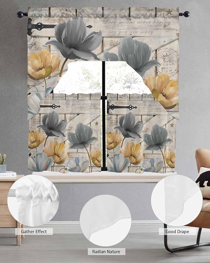 Vintage Tulip Swag Kitchen Curtains Valance and Tier Set, Farmhouse Retro Blue Yellow Grey Flower Barn Door Light-Filtering Swag Valance 36 Inch Length, Rod Pocket Short Curtain for Bedroom Cafe