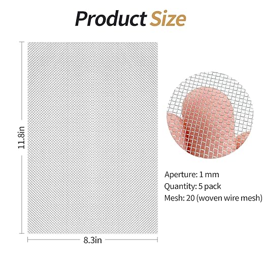 5 Pack 304 Wire Mesh Screen,11.8"X8.2" Heat-Resisting Metal Mesh, 20 Mesh Stainless Steel Mesh,Durable and Rustproof for Ventilation, Filtration, and Pest Filters