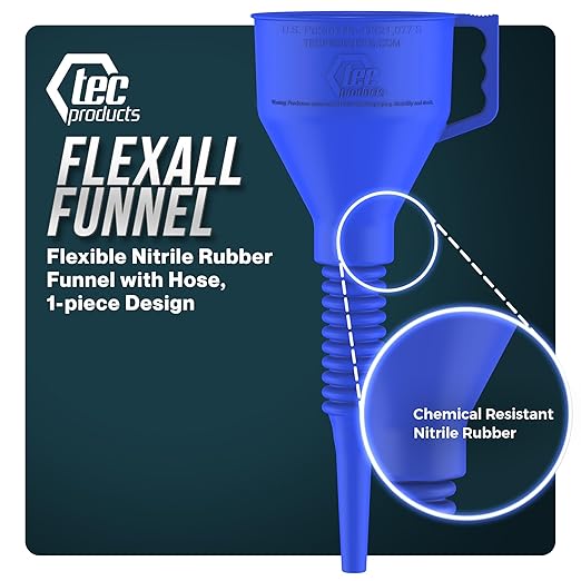 TEC Products FlexAll Long Flexible Funnels - Automotive Oil Funnel with Hose, Durable Nitrile Rubber for Oil Change, Transmission Funnel Fluid, Diesel, Fuel, Gas - Made in USA - Blue (12 x 4 Inches)