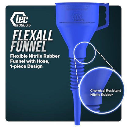 TEC Products FlexAll Long Flexible Funnels - Automotive Oil Funnel with Hose, Durable Nitrile Rubber for Oil Change, Transmission Funnel Fluid, Diesel, Fuel, Gas - Made in USA - Blue (12 x 4 Inches)