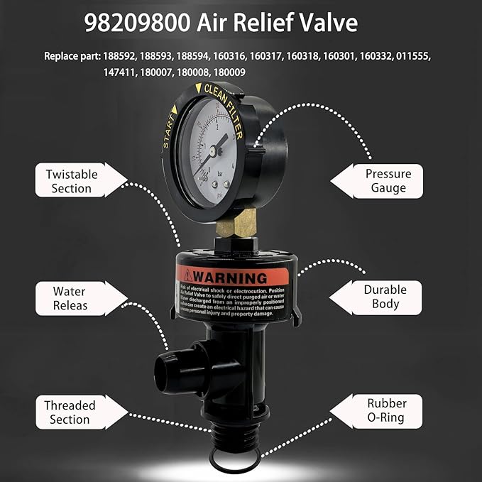 High Flow Manual Air Relief Valve with Pressure Gauge Compatible with FNS, Clean and Clear, Quad DE, 2000 4000 Series Pool and Spa Filters Replacement for 98209800 and 98209803 Models