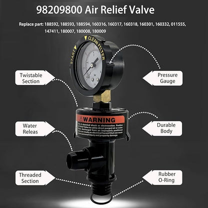 High Flow Manual Air Relief Valve with Pressure Gauge Compatible with FNS, Clean and Clear, Quad DE, 2000 4000 Series Pool and Spa Filters Replacement for 98209800 and 98209803 Models