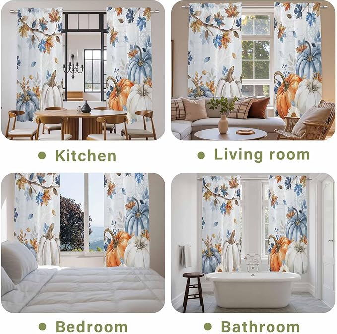 Fall Blue Maple Window Curtains 72 Inch Long 2 Panel Set,Rod Pocket Long Curtains & Drapes,Thanksgiving Pumpkins Daisy Country Leaves Window Treatment for Bedroom Living Room 52"W x 72"L