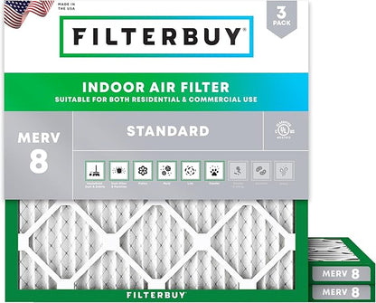Filterbuy 12x12x1 Air Filter MERV 8 Essential Dust & Allergy Defense (3-Pack), Electrostatic Pleated HVAC AC Furnace Filters Replacement, Made in USA (Actual Size: 11.75 x 11.75 x 0.75)