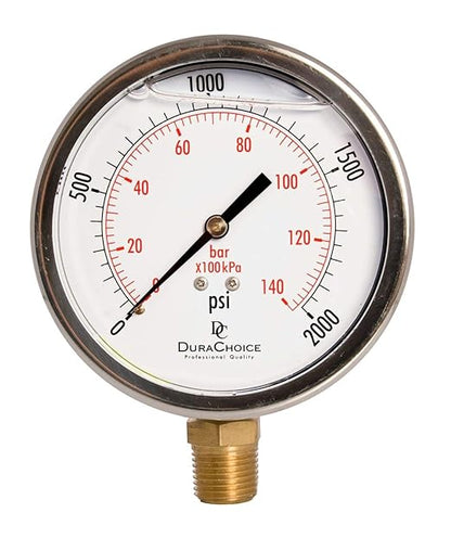 4" Oil Filled Pressure Gauge - Stainless Steel Case, Brass, 1/2" NPT, Lower Mount Connection, 0-2,000PSI