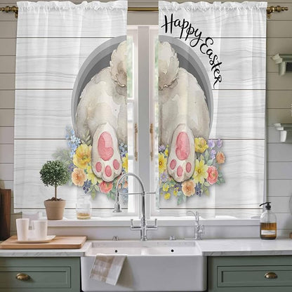 Easter Bunny Window Curtains 63 Inch Long 2 Panel Set,Rod Pocket Bedroom Curtains & Drapes,3D Optical Illusion Farmhouse Flower Wood Grain Light Filtering Window Treatment for Living Room 42"W x 63"L