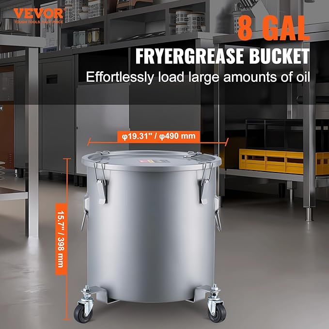 VEVOR Fryer Grease Bucket, 8 Gal Oil Disposal Caddy with Caster Base, Carbon Steel with Rust-Proof Coating, Oil Transport Container with Lid, Lock Clips, Filter Bag for Hot Cooking Oil Filtering