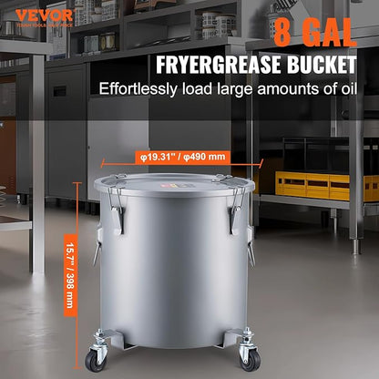 VEVOR Fryer Grease Bucket, 8 Gal Oil Disposal Caddy with Caster Base, Carbon Steel with Rust-Proof Coating, Oil Transport Container with Lid, Lock Clips, Filter Bag for Hot Cooking Oil Filtering