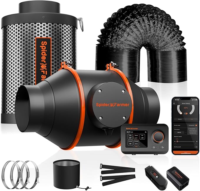 Spider Farmer Smart Air Filtration Kit 4", Inline Duct Fan, GGS Temperature Humidity Controller with App Control, Carbon Filter Combo, 13Ft Ducting, Ventilation System for Grow Tent, Hydroponics