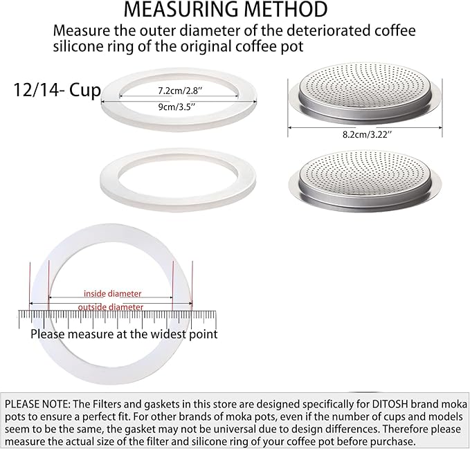 2 Pcs Filter with 3 Pcs Silicone Gasket Seals for 12 Cup 14 Cup Stovetop Espresso Coffee Maker Replacement Parts for DITOSH Aluminium Moka Pot