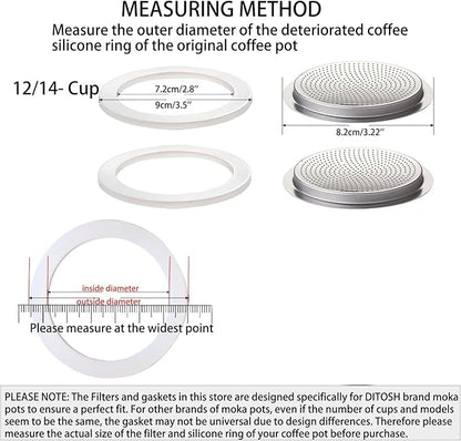 2 Pcs Filter with 3 Pcs Silicone Gasket Seals for 12 Cup 14 Cup Stovetop Espresso Coffee Maker Replacement Parts for DITOSH Aluminium Moka Pot