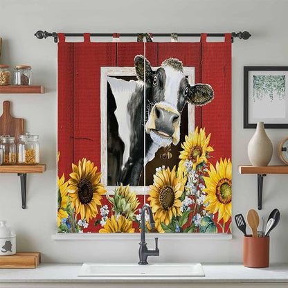 Cows Sunflowers Bedroom Curtains 72 Inch Length, Window Curtains Tab Top, Spring Botanical Floral Bees Red Barn Light Filtering Window Treatments Drapes 52"x72" 2 Panel