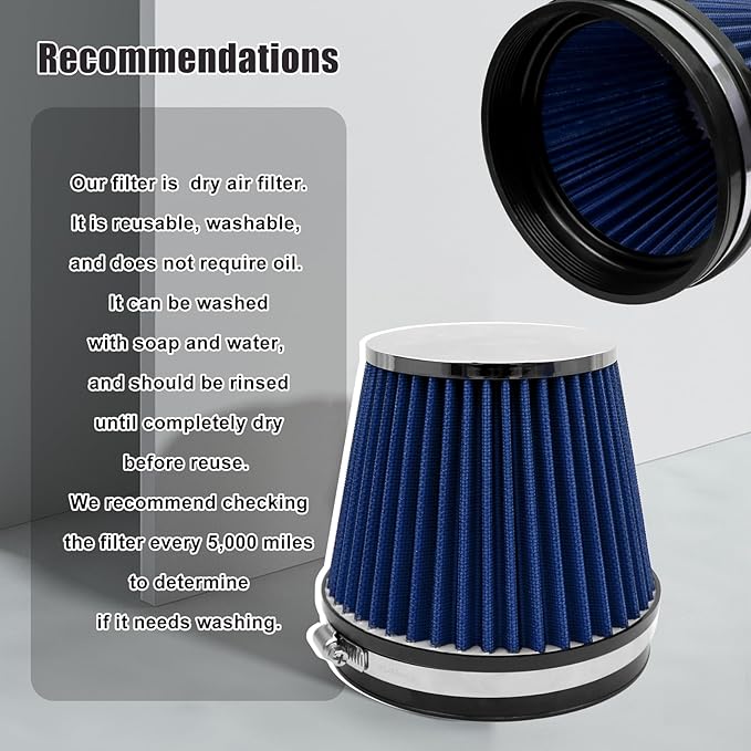 RYANSTAR RACING 152mm 6" High Flow Round Tapered Cone Closed-Top Washable Clamp-On Dry Air Filter short 155mm tall Blue