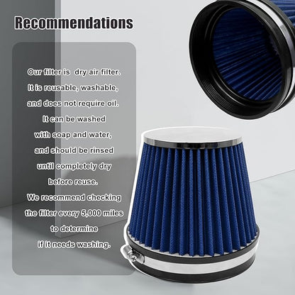 RYANSTAR RACING 152mm 6" High Flow Round Tapered Cone Closed-Top Washable Clamp-On Dry Air Filter short 155mm tall Blue